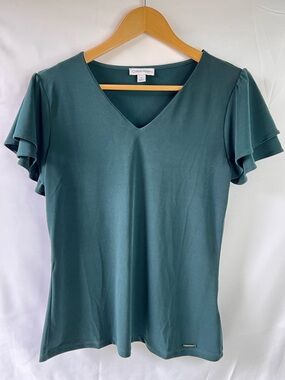 Calvin Klein Forest Green V-Neck Flutter Sleeve Top